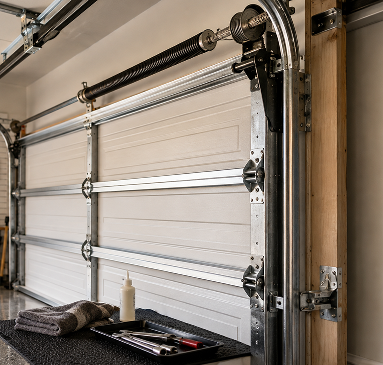 Garage door during professional maintenance service